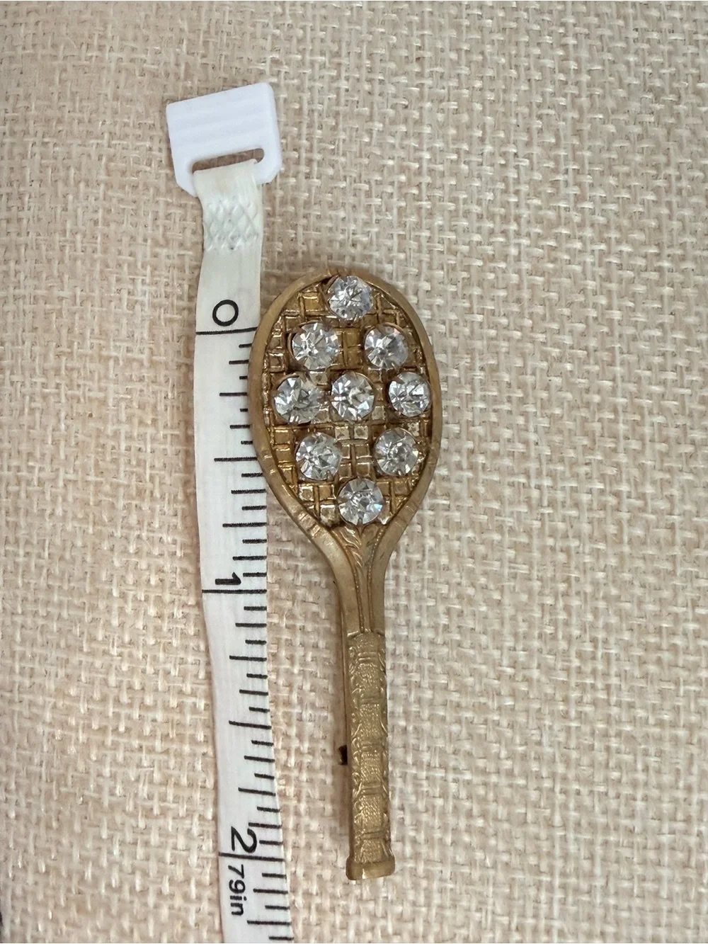 Vintage Tennis Racket Rhinestone Brooch Pin Gold Tone Retro Sports Jewelry